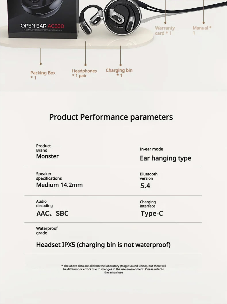 Monster AC330 Open Ear Wireless Earphones Bluetooth 5.4 HD Call Noise ...