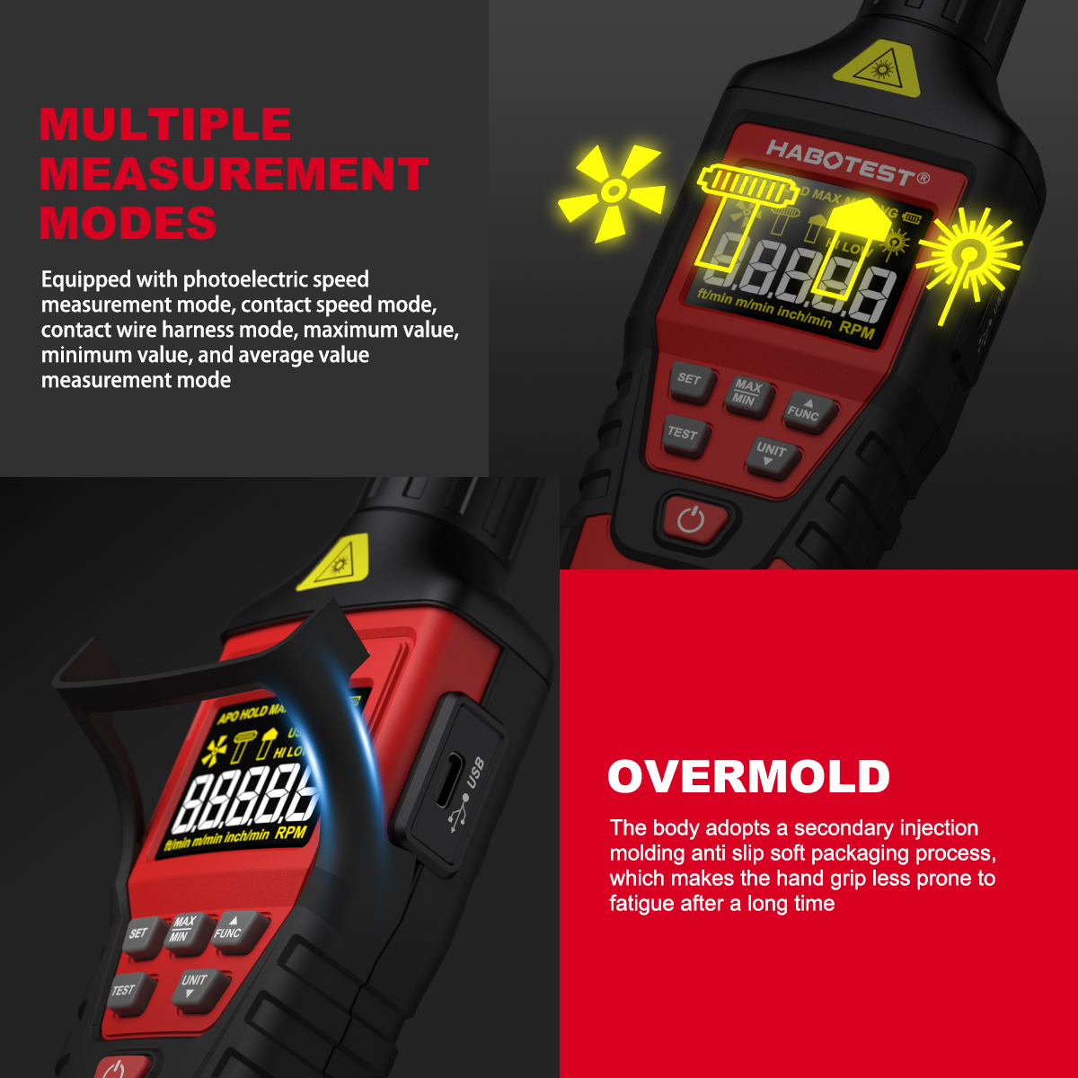 HABOTEST HT671 Digital Tachometer Handheld Contact Motor Tachometer LCD ...