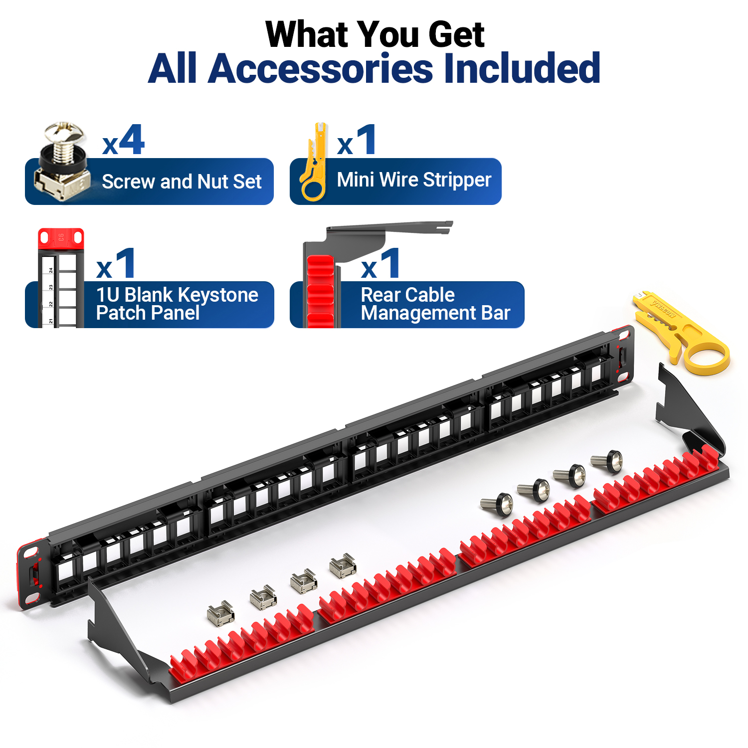 AMPCOM Blank Keystone Patch Panel 1U 24-Port, RJ45 UTP Detachable Tool ...
