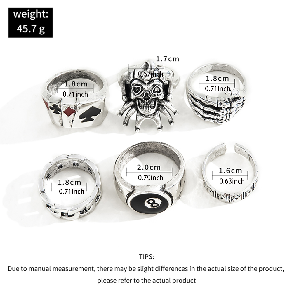 6PC Hip Hop Poker Rings Set - Gothic Skull Claw 8 Ball Statement ...