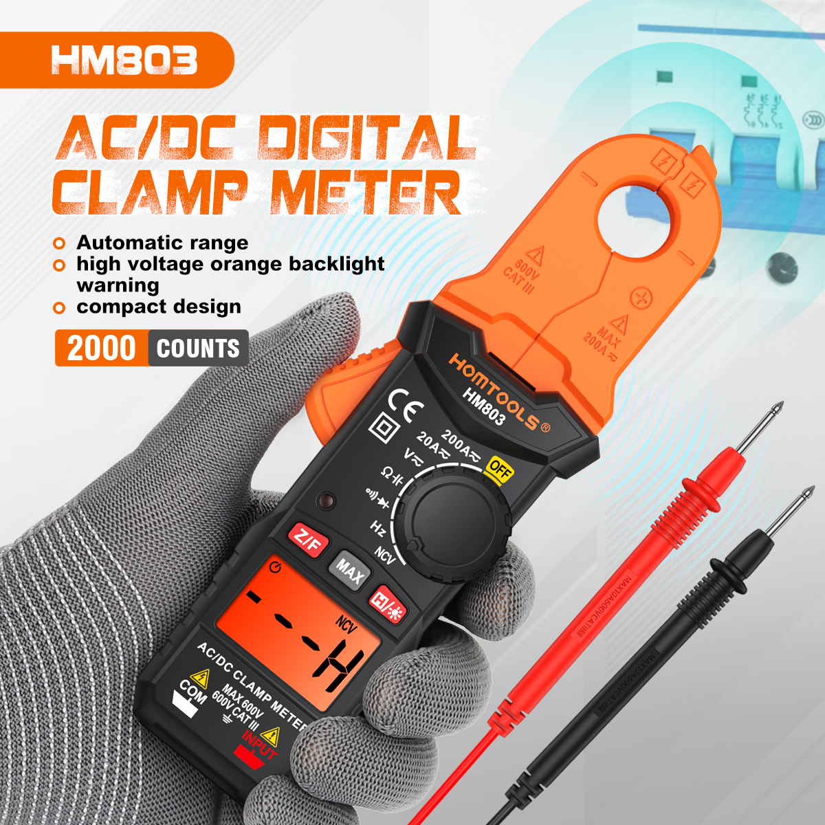 HOMTOOLS HM803 Digital Clamp Meter Multimeter 200A AC/DC Current and ...