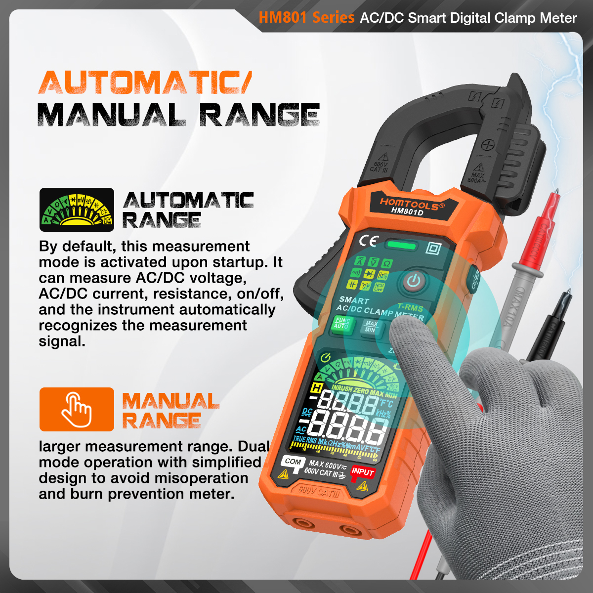 HOMTOOLS HM801A/D Digital Clamp Multimeter 600A AC/DC Current and 600V ...
