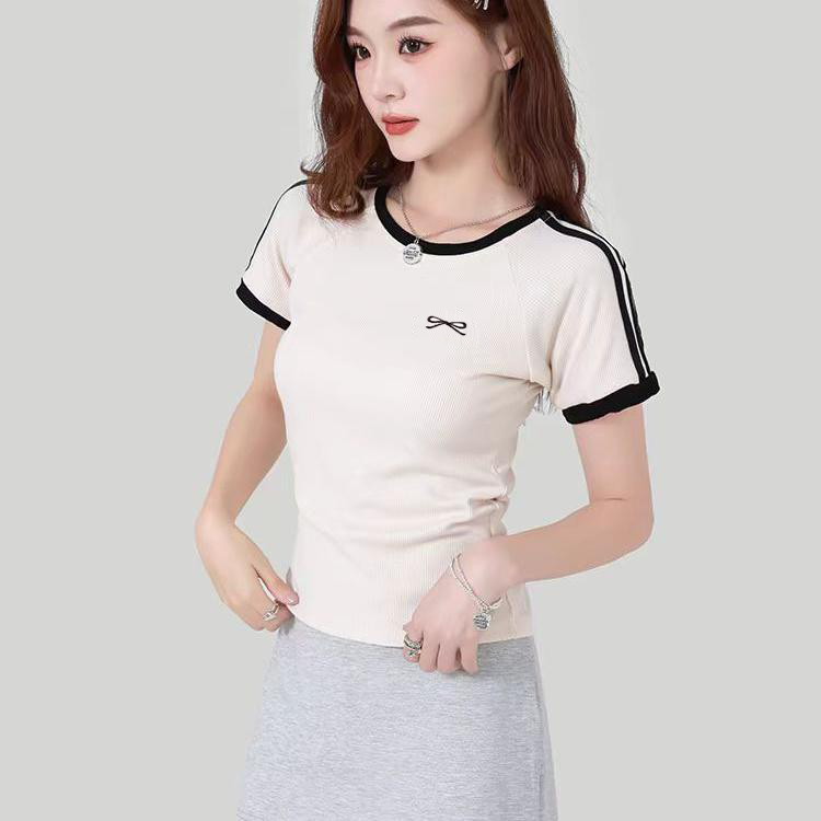 Women Korean Slim T-Shirt Striped Short Sleeve Crop Top | Shopee ...