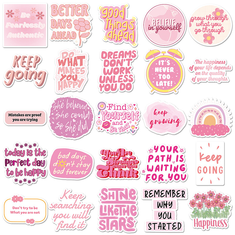 50pcs Pink Motivational English Phrases Stickers Phone Laptop Water ...