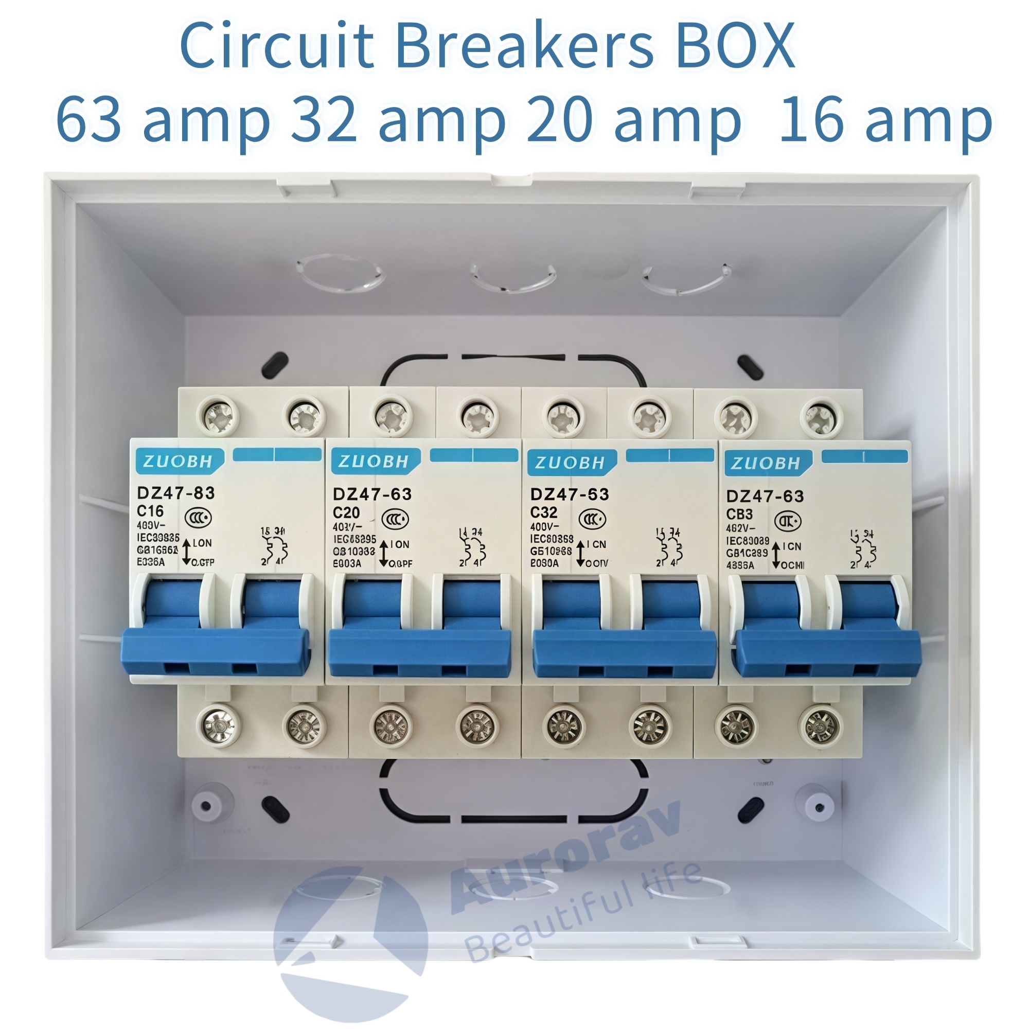 Panel box set with 4 circuit breakers 63 amp, 32 amp, 20 amp and 16 amp ...