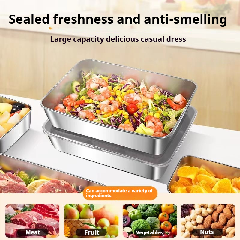 304 Stainless Steel Food Box with Lid Household Fresh-keeping Box Tray ...