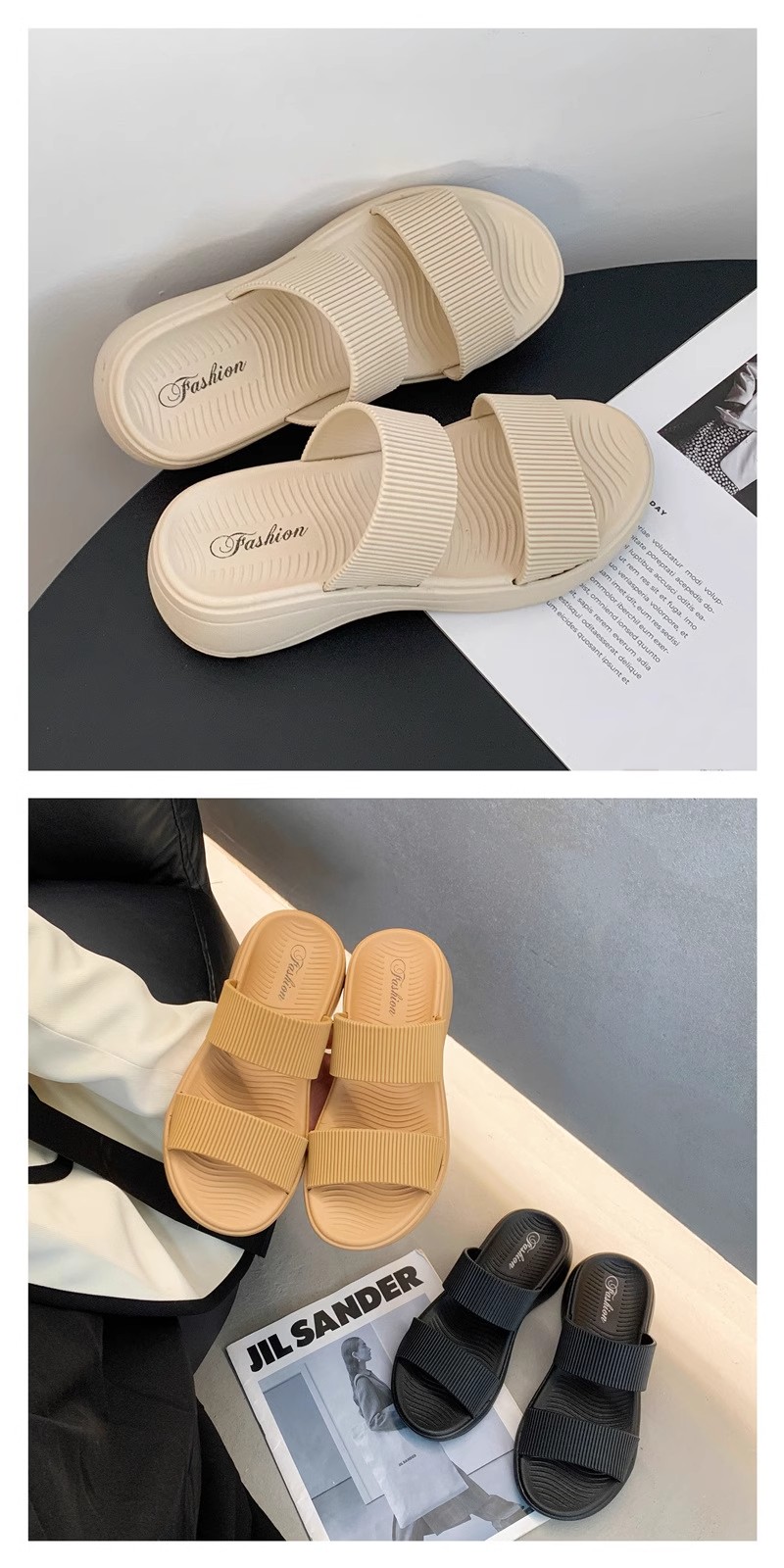Summer Solid Slippers For Women Double Strap Thick Soled Slip Resistant ...
