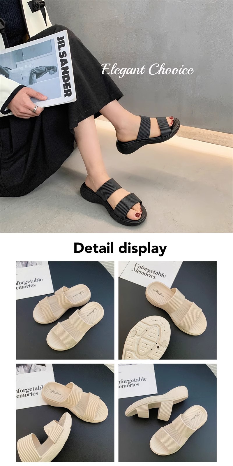 Summer Solid Slippers For Women Double Strap Thick Soled Slip Resistant ...