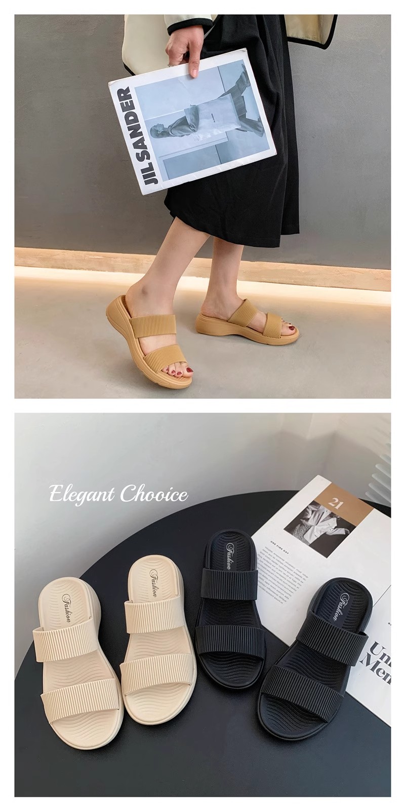 Summer Solid Slippers For Women Double Strap Thick Soled Slip Resistant ...