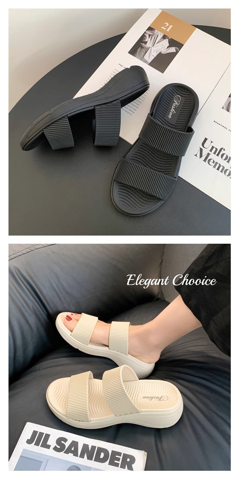 Summer Solid Slippers For Women Double Strap Thick Soled Slip Resistant ...