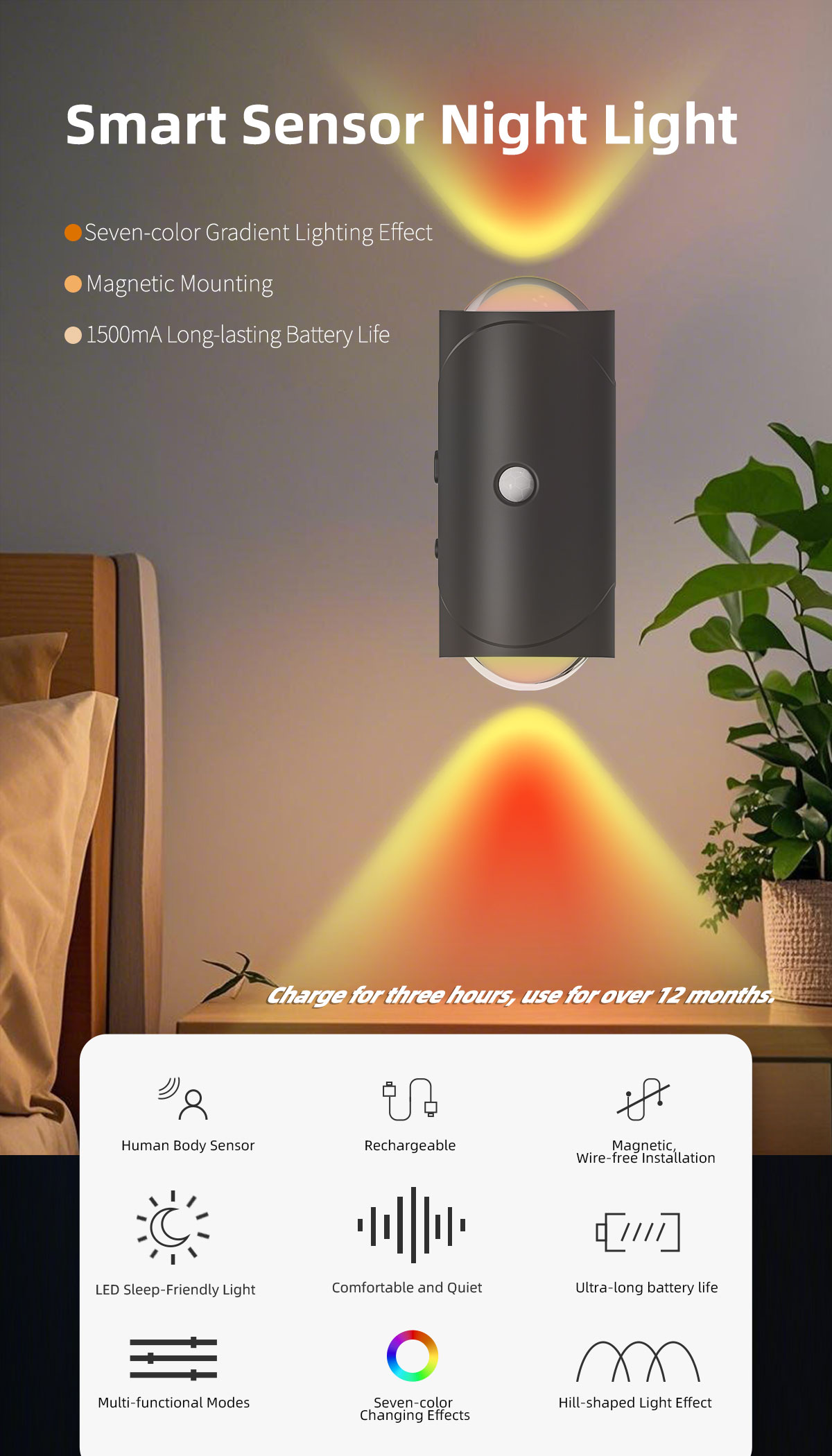 LED Magnetic Wall Lamp 15 Colors Rechargeable Automatic Induction Night ...