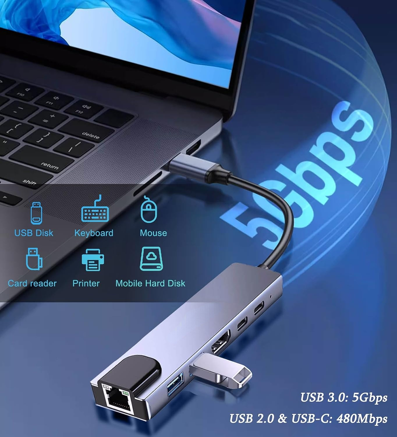 New 6-in-1 Type C Hub Usb 3.0 Hdmi Rj45 Adapter Laptop Docking Station ...