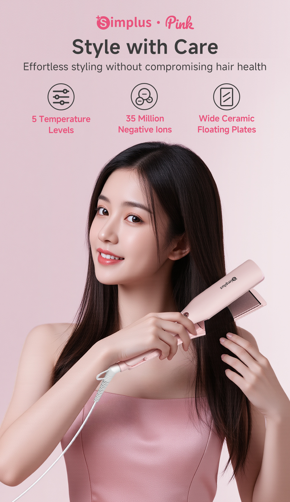 Simplus Widen Hair Straightener Ionic Care 5 Temperature Levels Ceramic ...