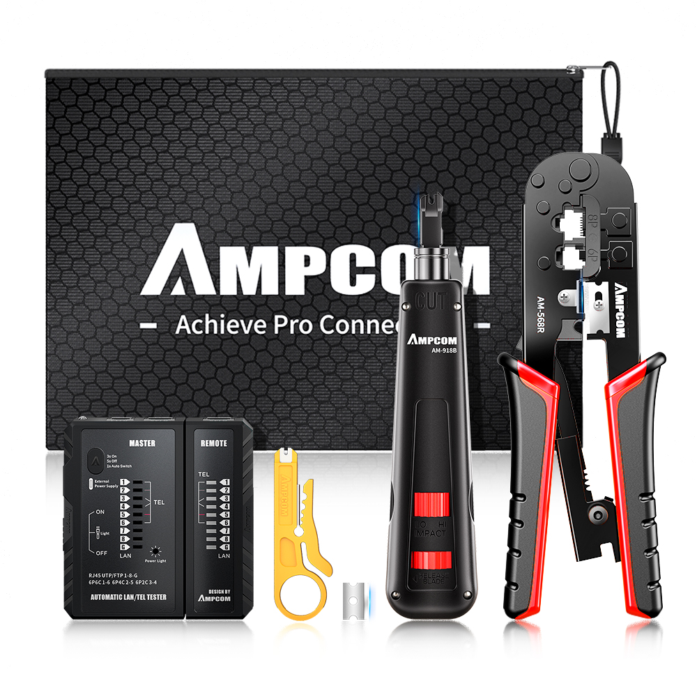 AMPCOM RJ45 Crimper Lan Tester Tool Set Ethernet Cable Stripper Punch ...