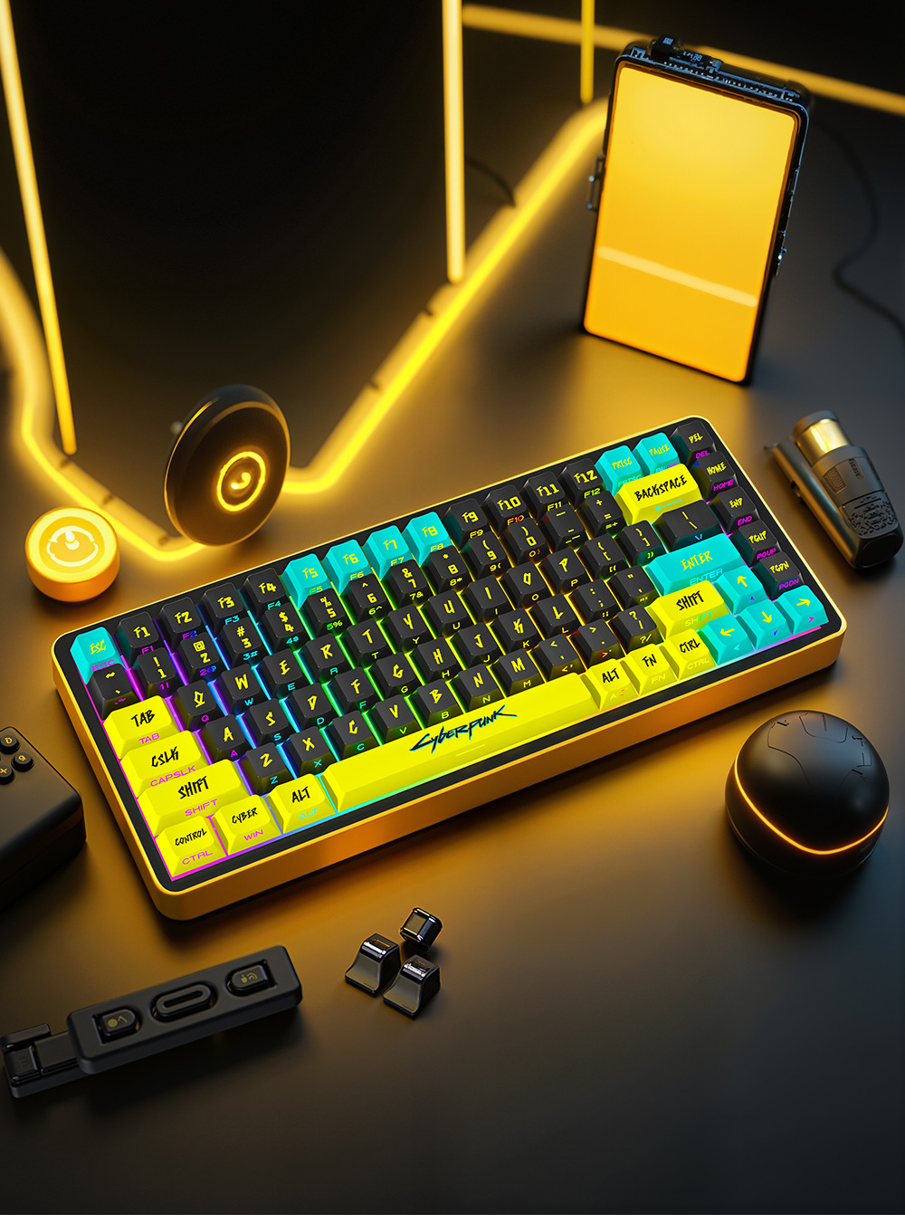 Cyberpunk Keycaps Yellow/Pink Side Shine Through Cherry Profile PBT Dye ...