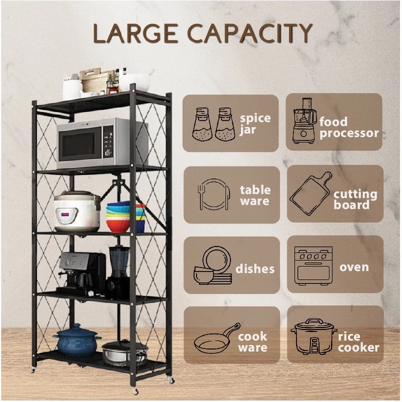 Foldable Rack 3/4/5 Layer Kitchen Rack Shelves Wheels Shelf Steel ...