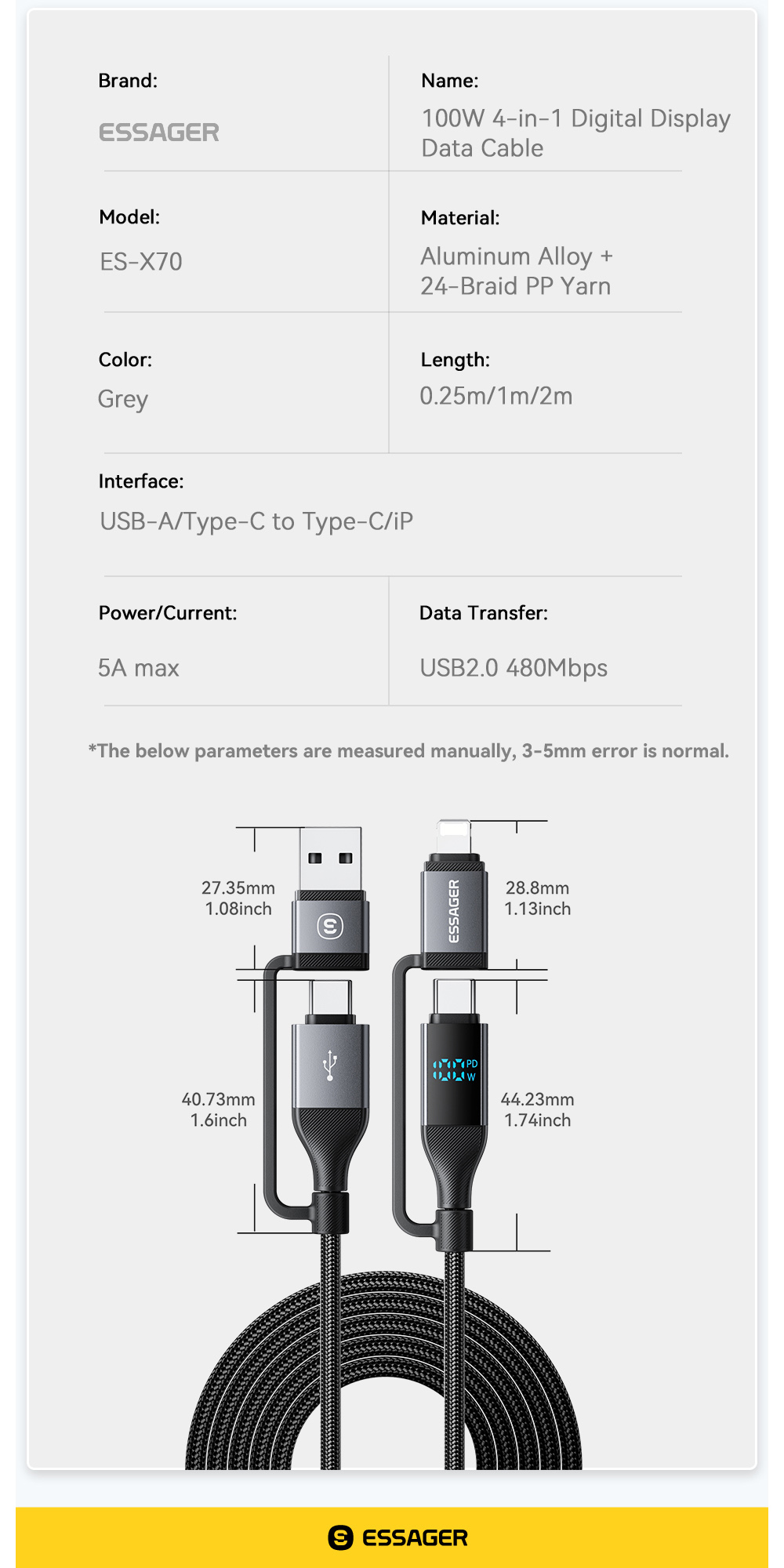 Essager 100W 4 IN 1 Fast Charging Cable PD 27W Type C 100W Multi ...