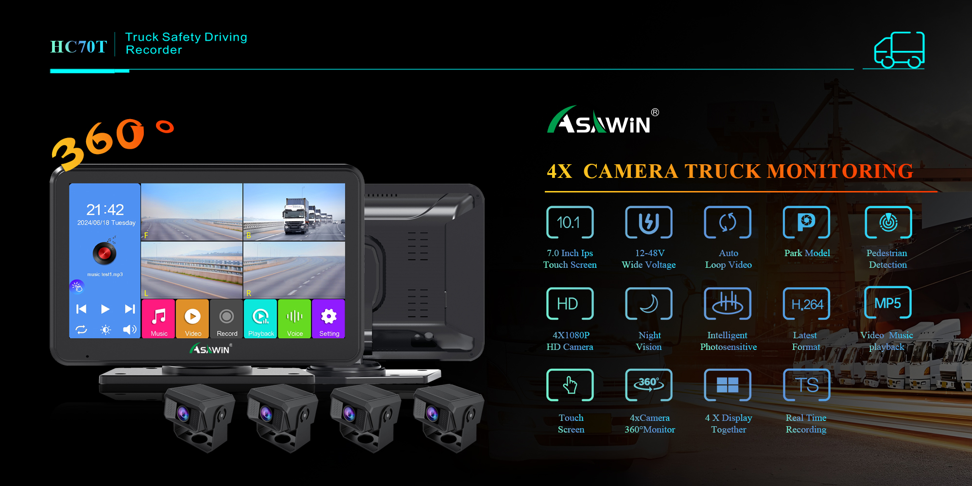 7 inch 360 Degree Driving AHD 4 Channels car monitor truck Touch Screen ...