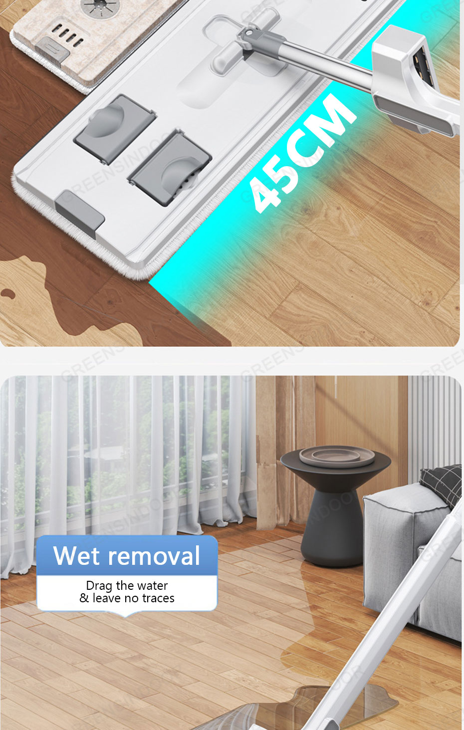 GREENSINDOOR 45cm Floor Mop 360 Rotating Map Floor Cleaning Free Hand ...