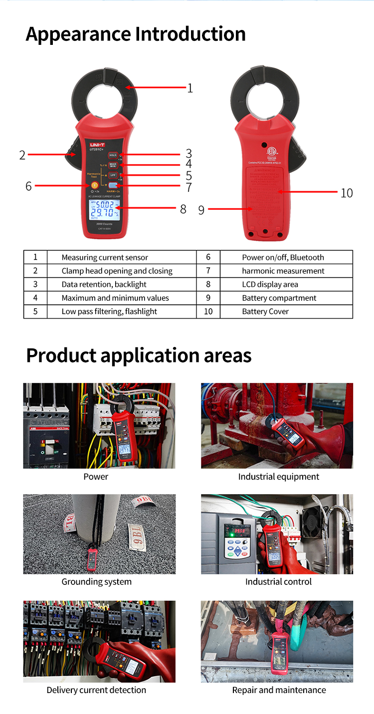 UNI-T UT251C+ AC Leakage Current Clamp 3mA-60A Harmonic Test Backlight ...
