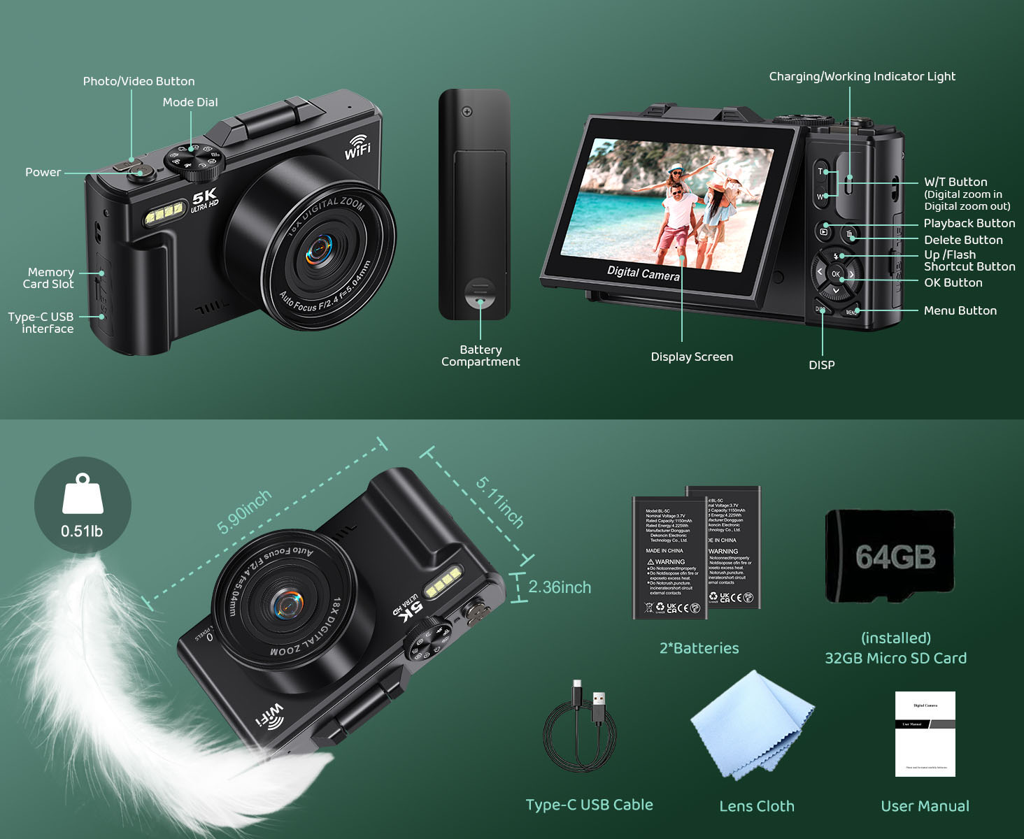 VETEK8-5K Camera 75MP Digital Camera 3.0Flip Screen 18X Digital Zoom ...