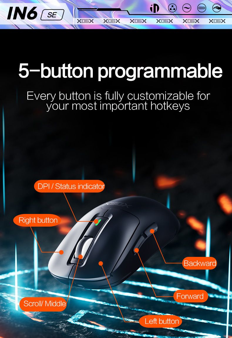inphic IN6SE Gaming Mouse Wired/Wireless Tri-mode 12000dpi 5-Button ...