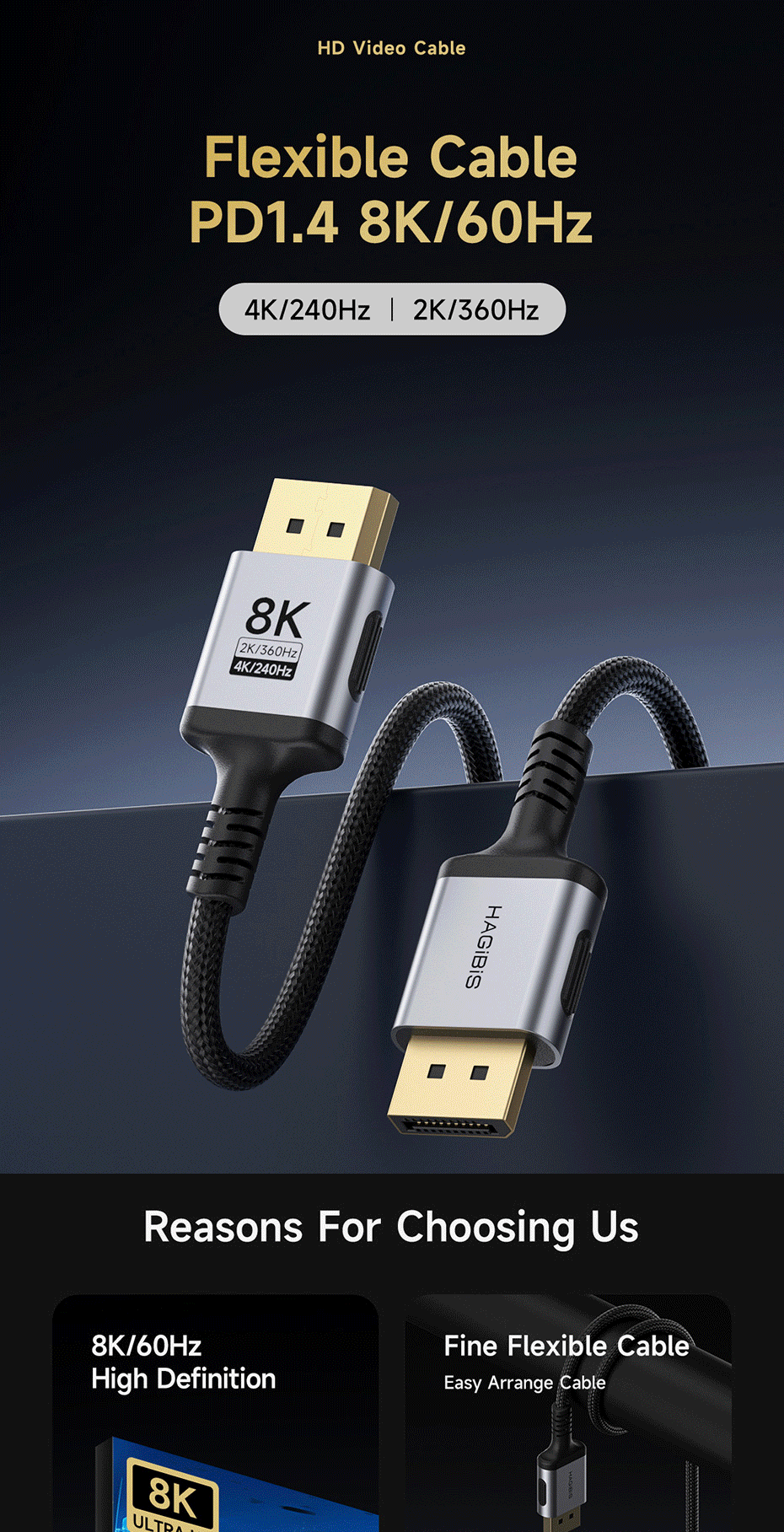 Hagibis 8K DisplayPort 1.4 Cable 8K60Hz 4K240Hz 2K360Hz DP Cable for HD ...