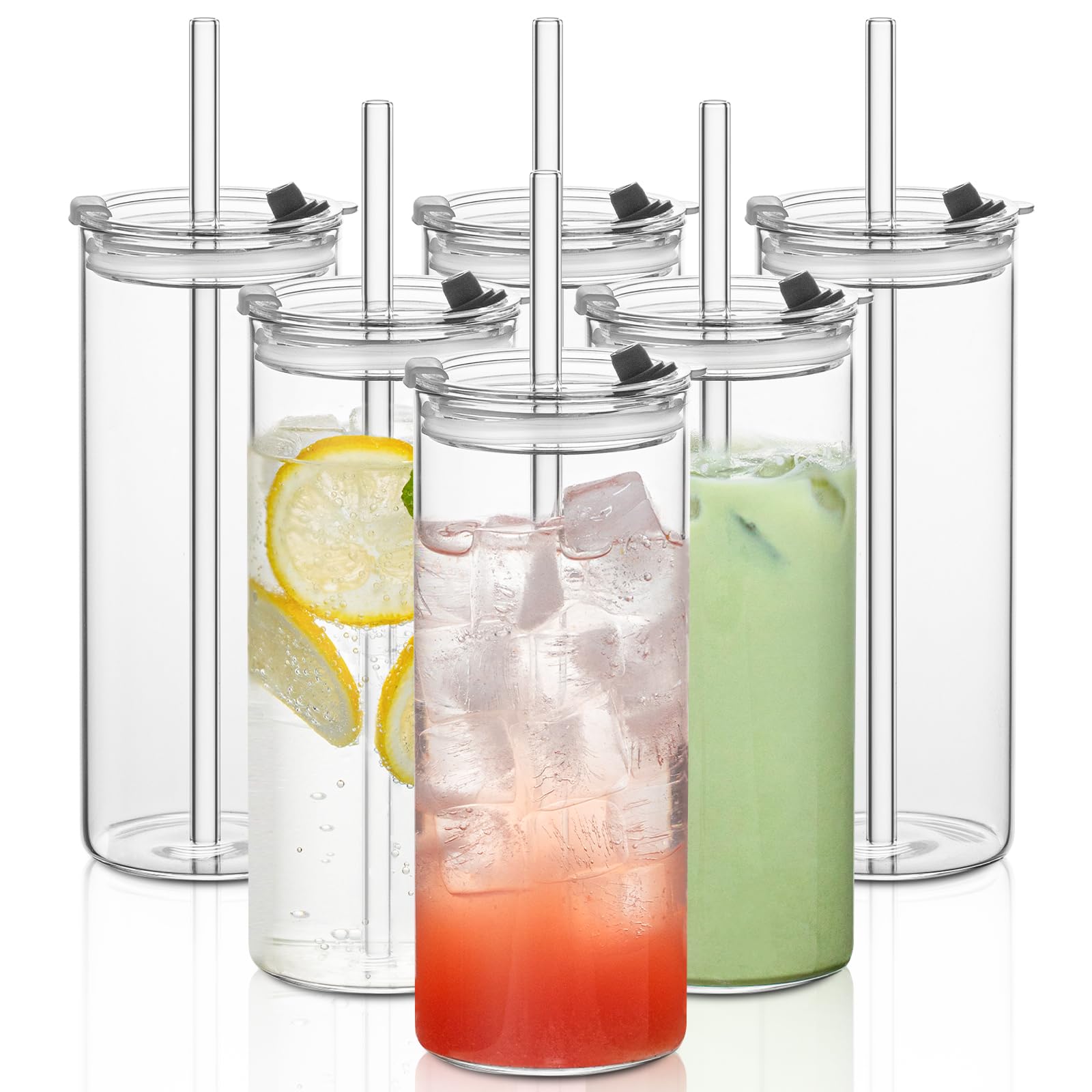 KEMORELA 6-Pack 18oz Large Round Glass Cups with Lids & Straws – Clear ...