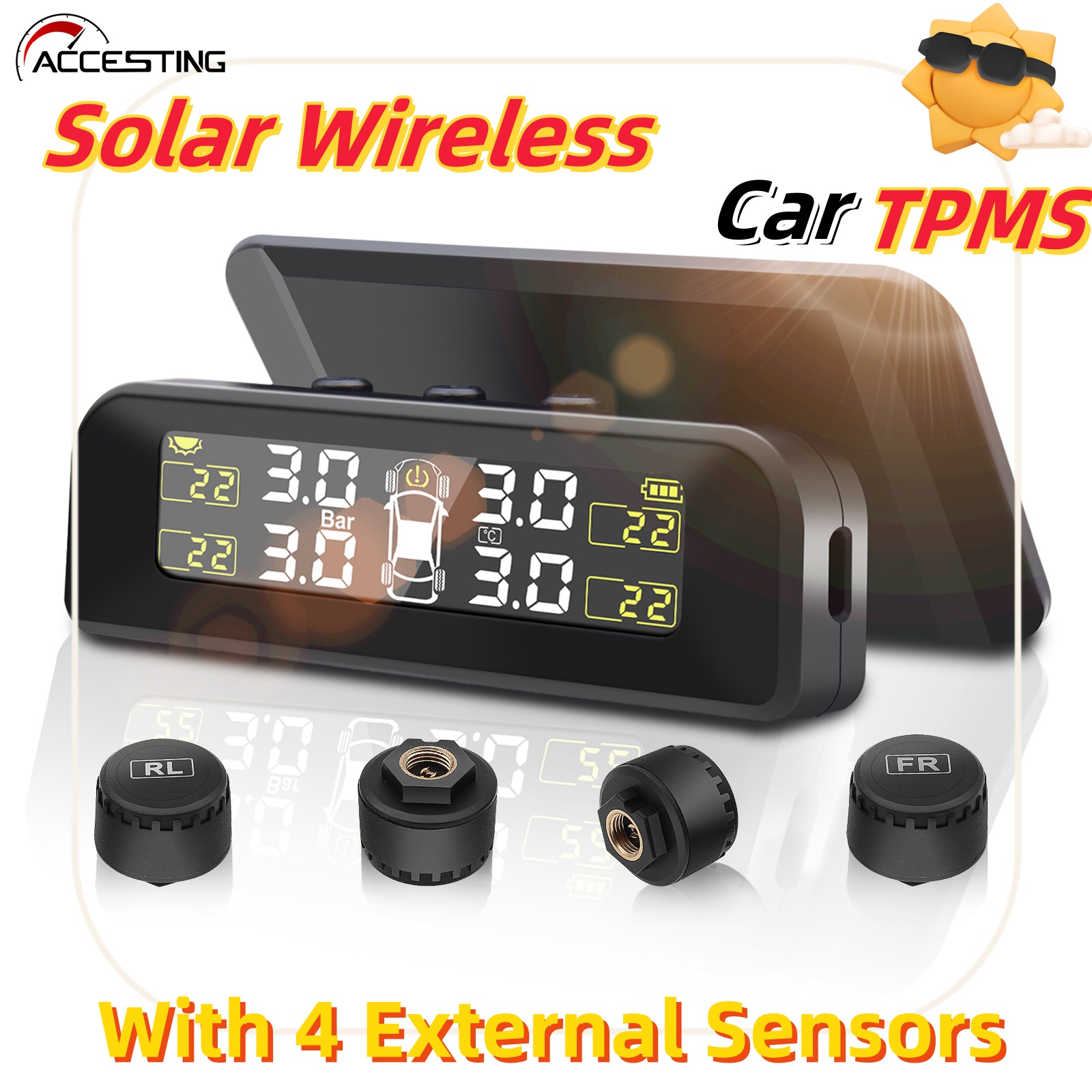 TPMS Smart car Tire Pressure Monitoring System Solar Digital LCD Screen ...