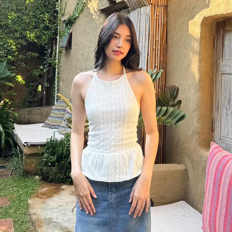 French Halter Neck Floral Tank Top Backless Slim Fit Texture Camisole ...