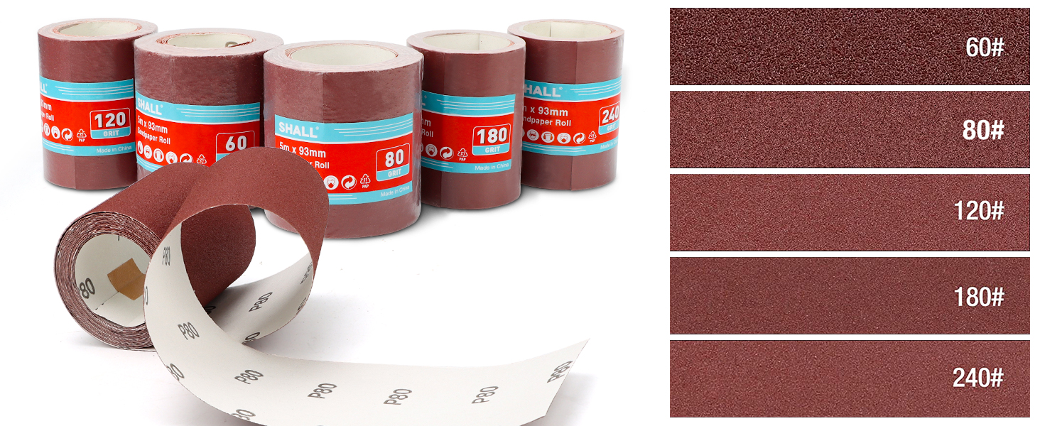 SHALL 5 rolls of sandpaper roller set, 9.3cm x 5m, aluminum oxide ...