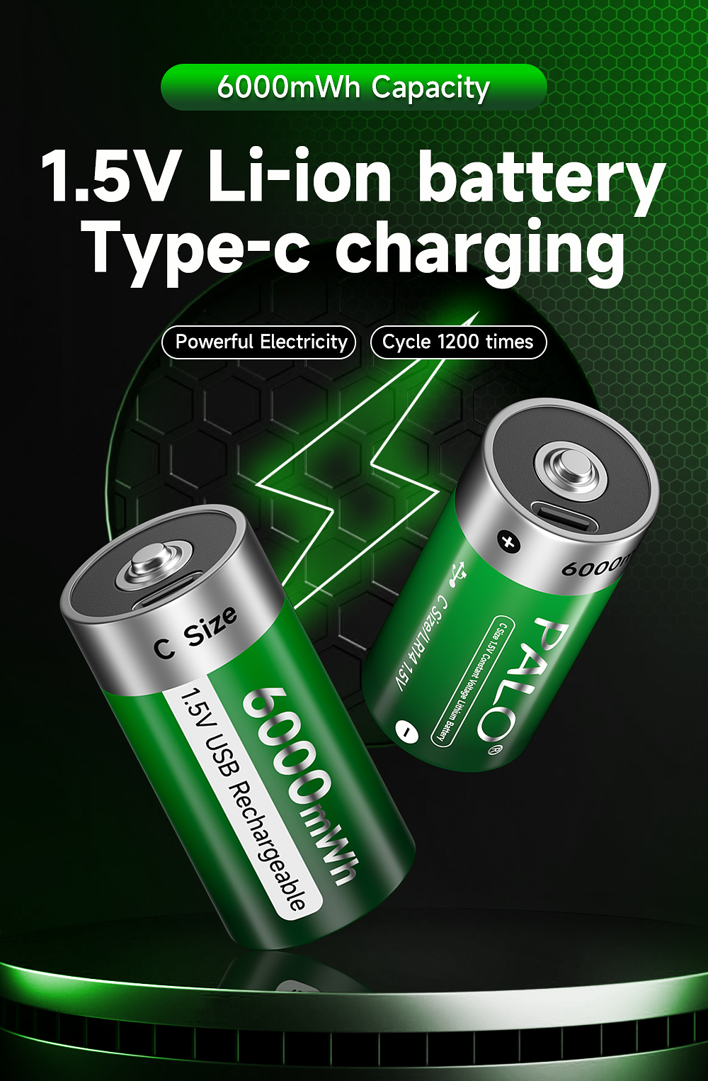 PALO 1.5V C Size Rechargeable Battery Type-C 6000mWh R14 LR14 Li-ion C ...