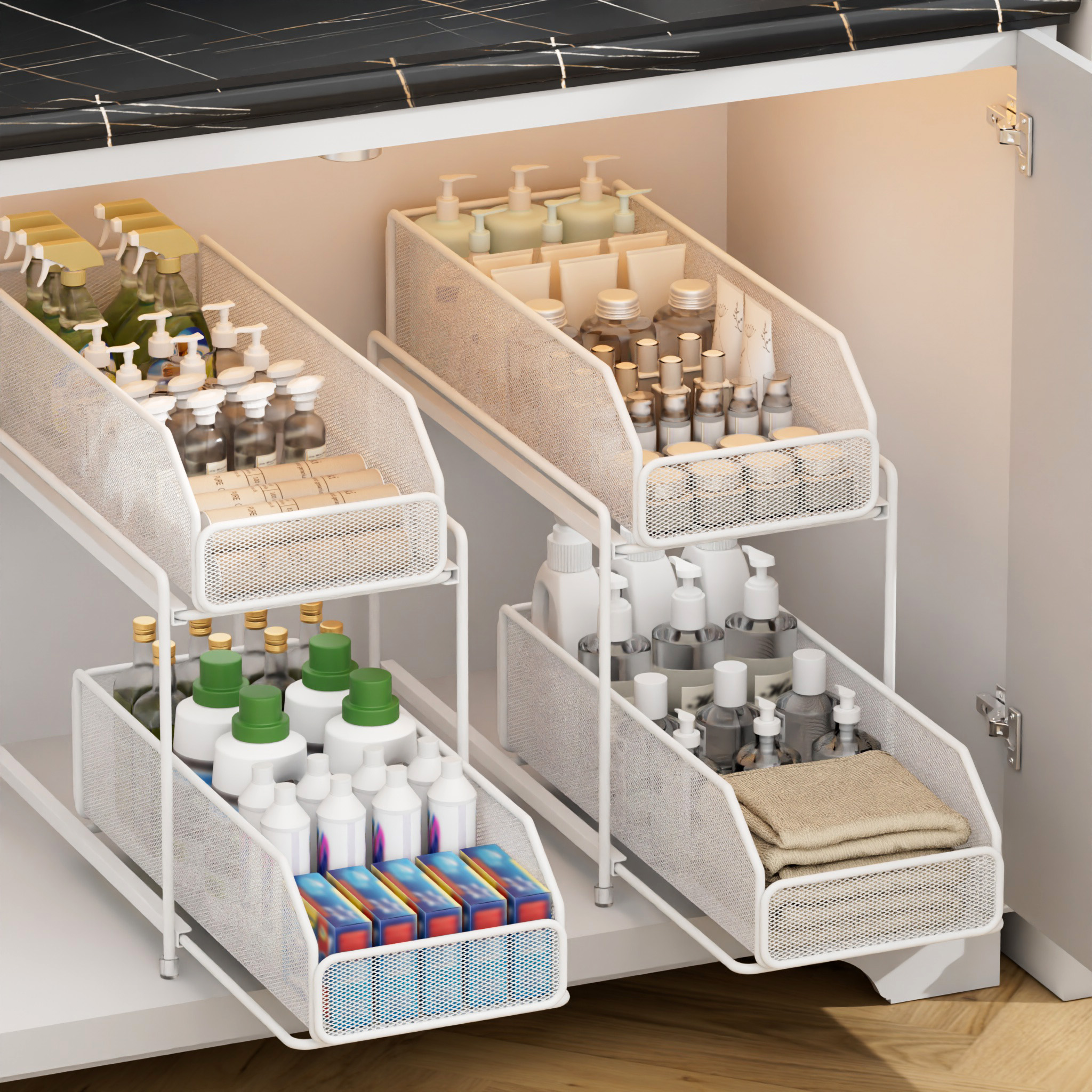 Kitchen Storage Rack For Under Sink Bathroom Organzier Pull Out Basket ...