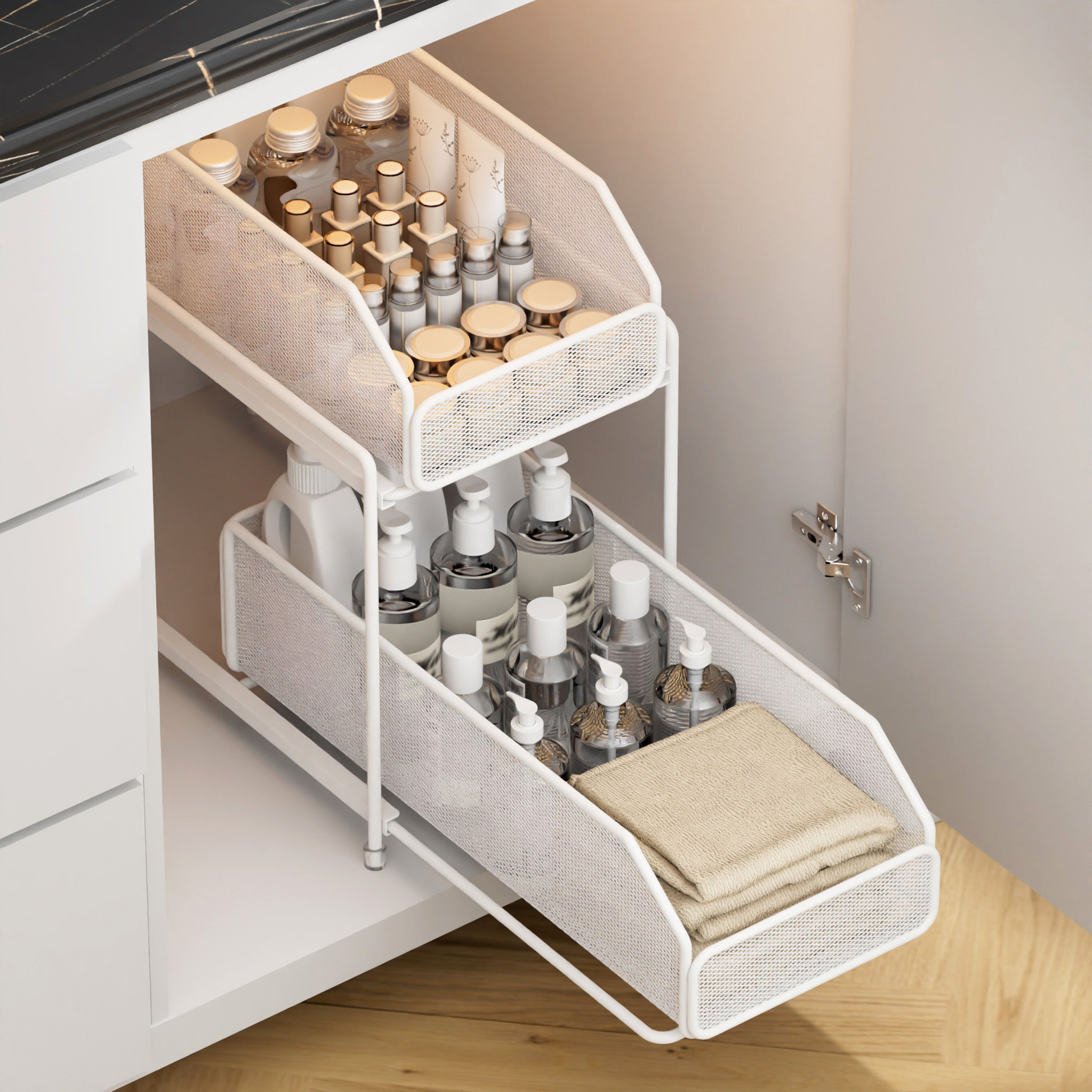 Kitchen Storage Rack For Under Sink Bathroom Organzier Pull Out Basket ...