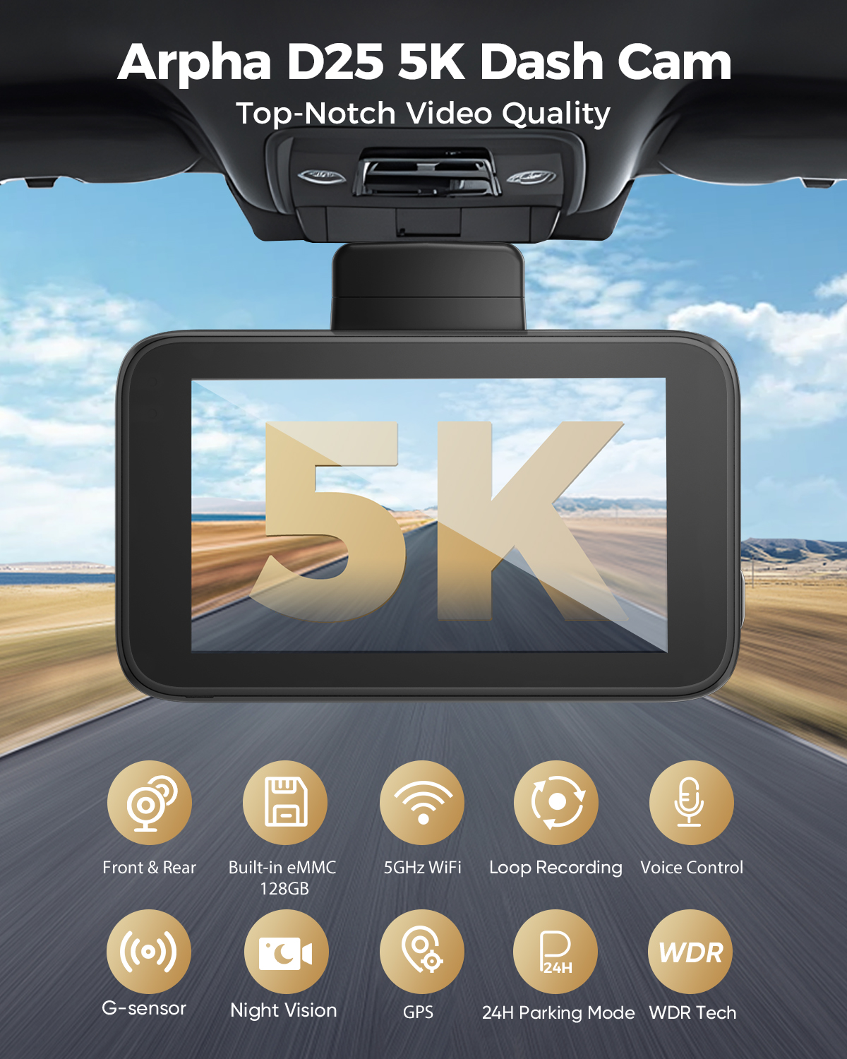 Arpha D25 5K UHD/2160P Dual Channel Front & Rear Dash Cam 3'' Touch ...
