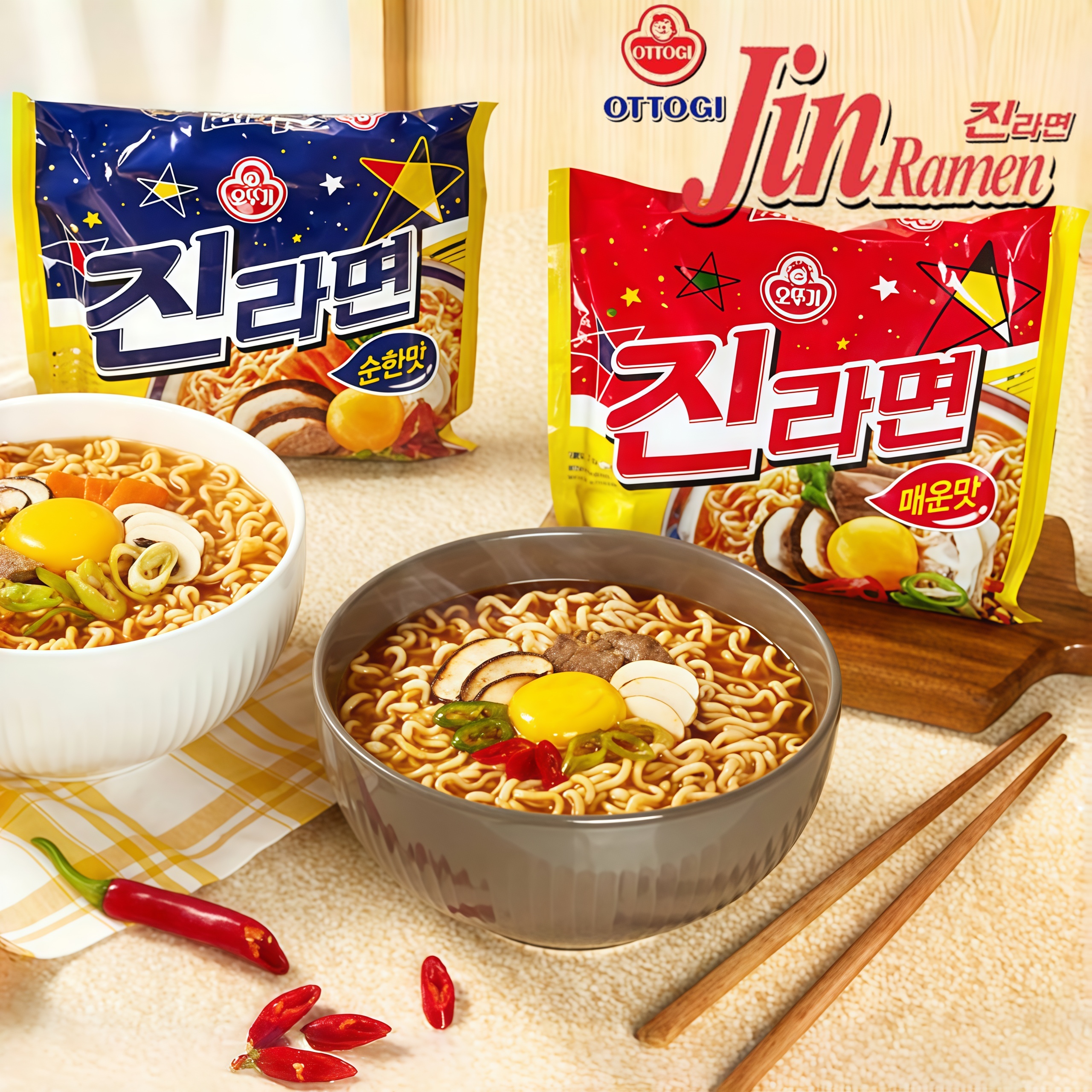 Ottogi Jin Ramen Noodle - Mild or Spicy - 600g (120gx5) - 5pcs/pck ...