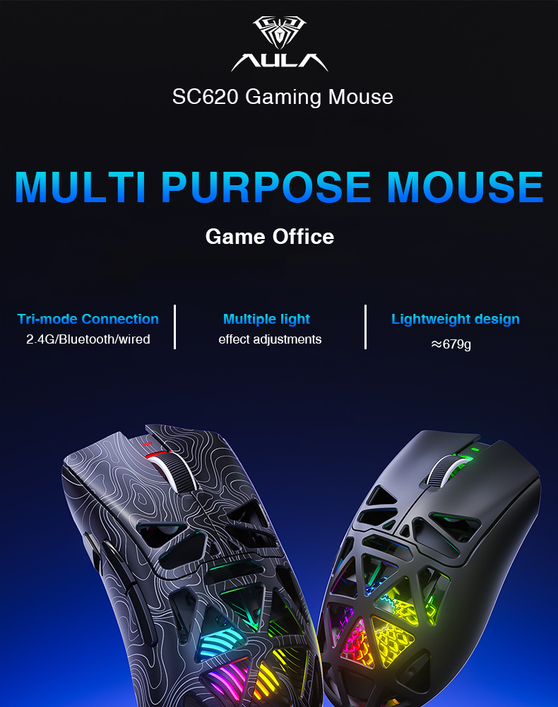 AULA SC620 Wireless Mouse Hollow Out Lightweight Design Tri-Mode 12000 ...