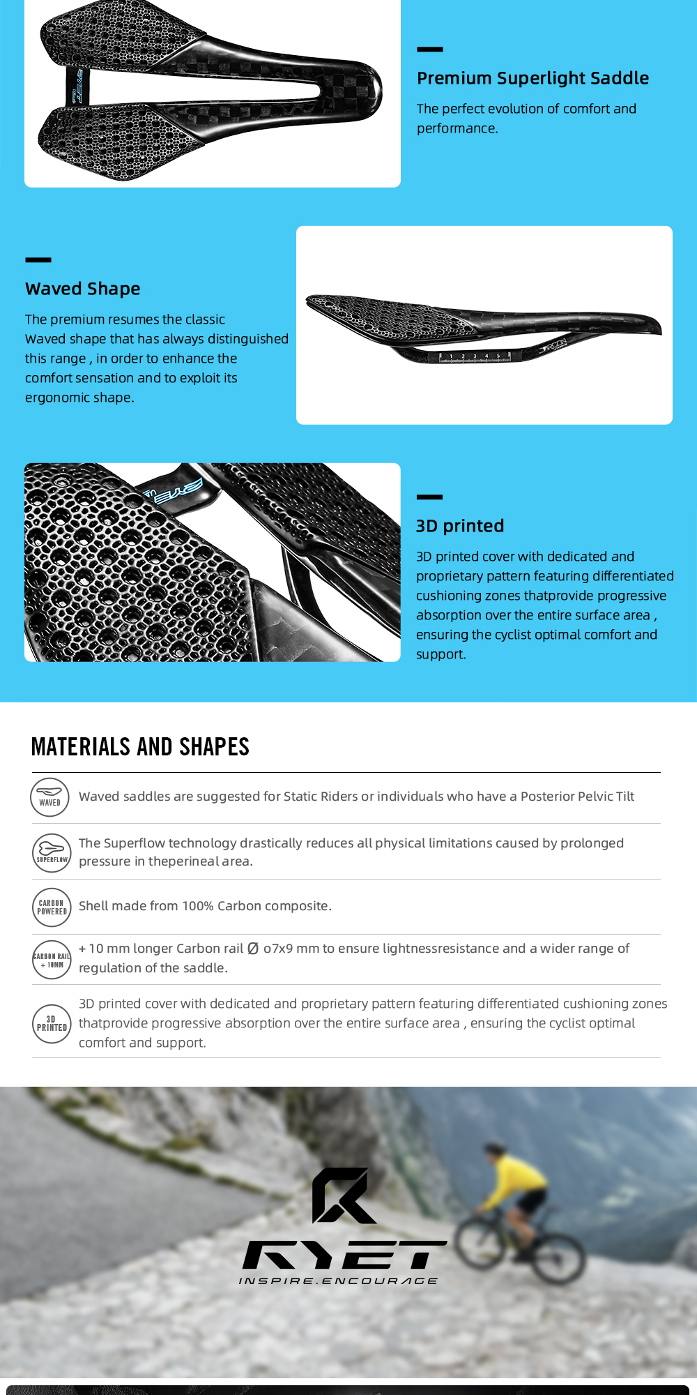 RYET New Design Full Carbon 3D Printed Saddle 12K PU Leather 102g 7x9 ...