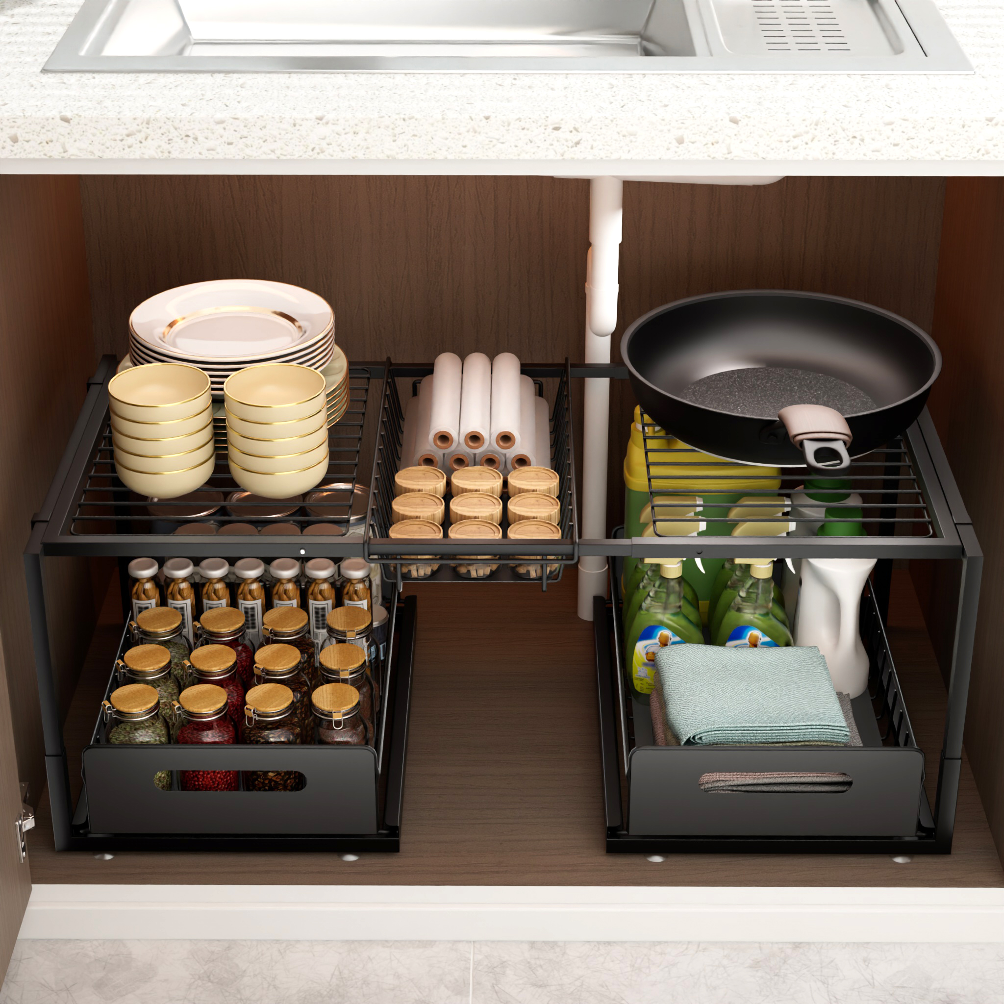 Kitchen Storage Rack Retractable Under Sink Shelf Pull-Out Rack ...