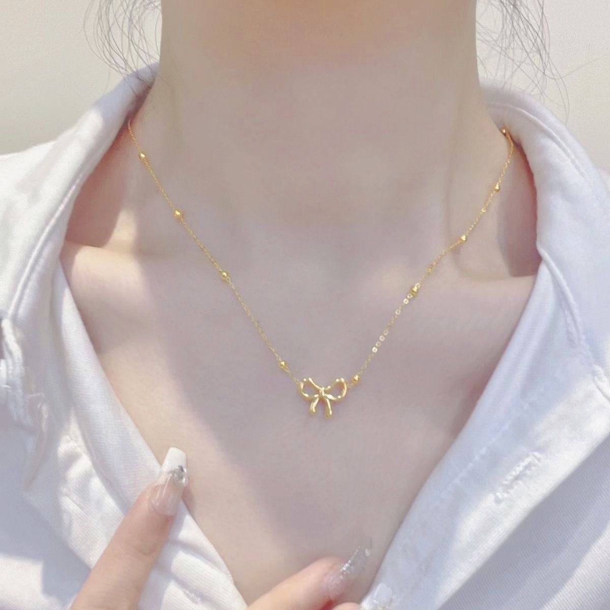 Elegant Gold Bow Tie Necklace Hypoallergenic Titanium Cubic Zirconia ...