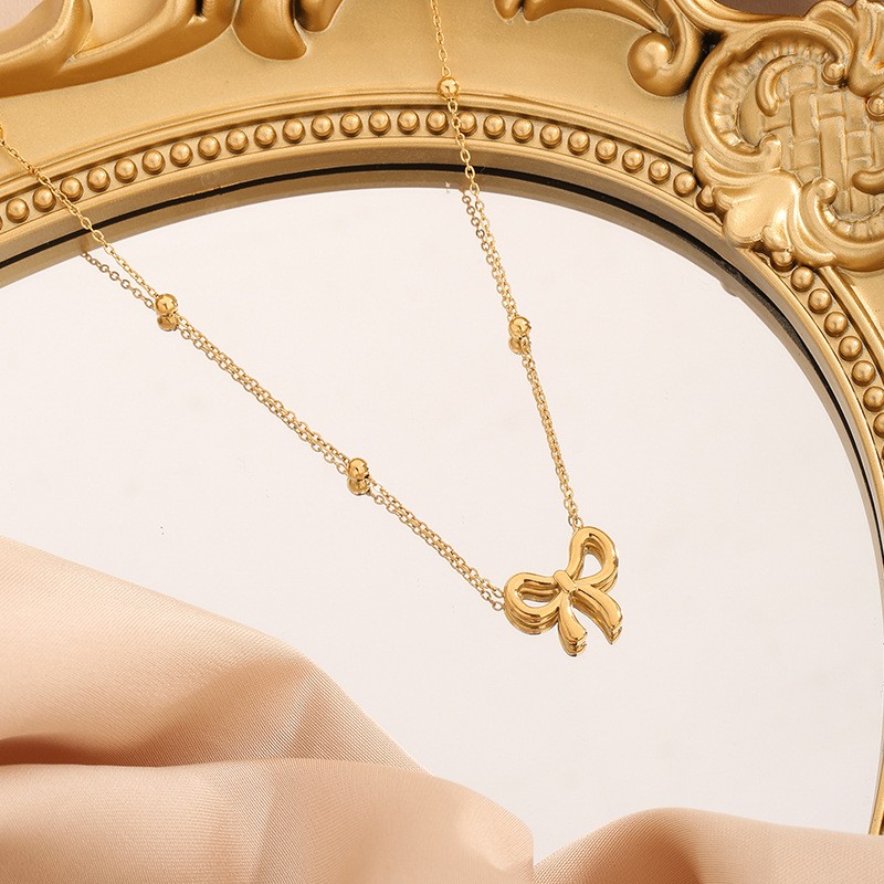 Elegant Gold Bow Tie Necklace Hypoallergenic Titanium Cubic Zirconia ...