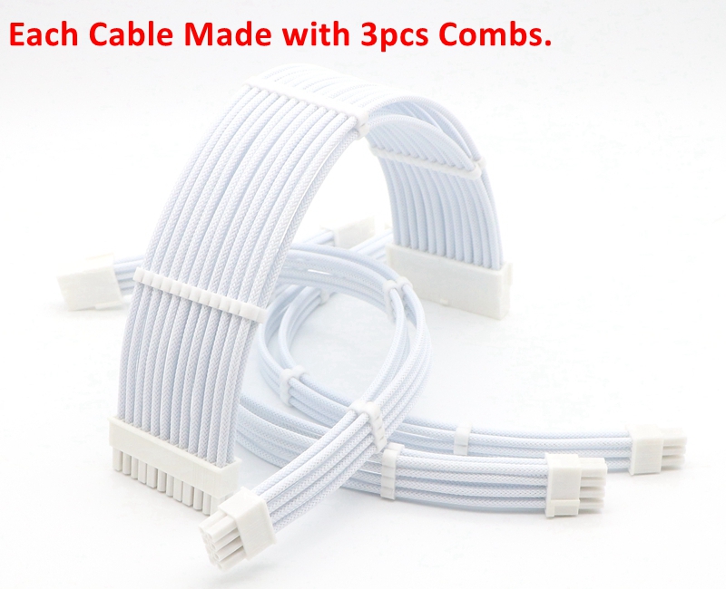 180 Degree Full White Sleeved ATX 24Pin, CPU 8Pin, GPU 8Pin/ 6Pin Power ...