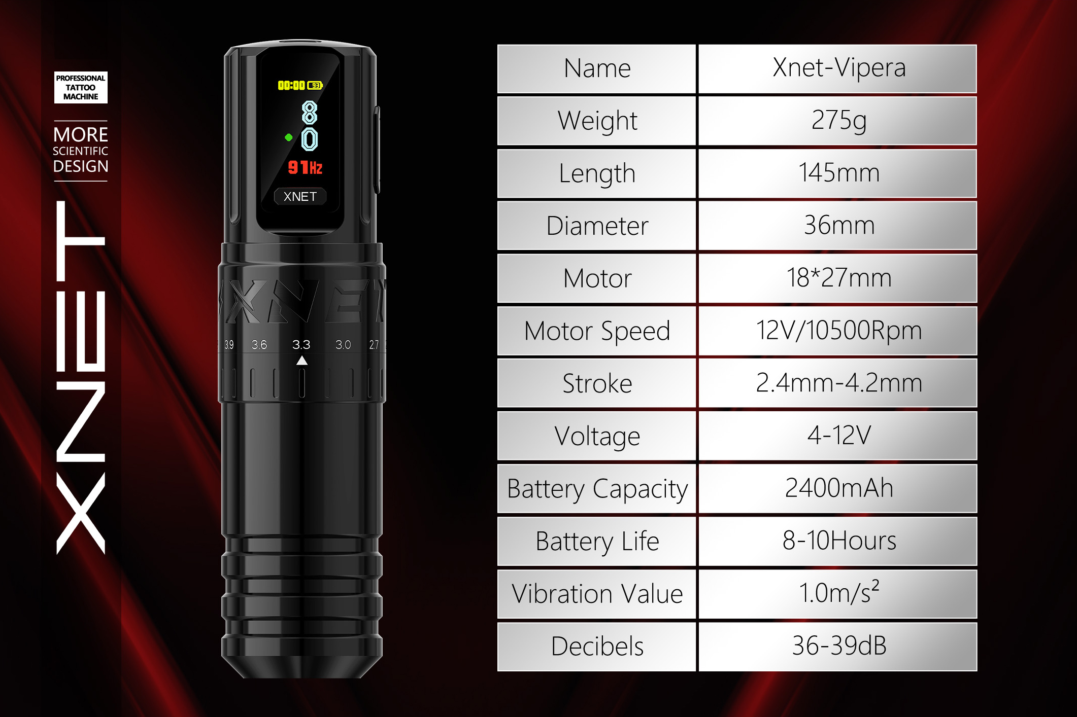 XNET Vipera Pro Wireless Tattoo Machine 2.4-4.2mm Adjustable Stroke ...