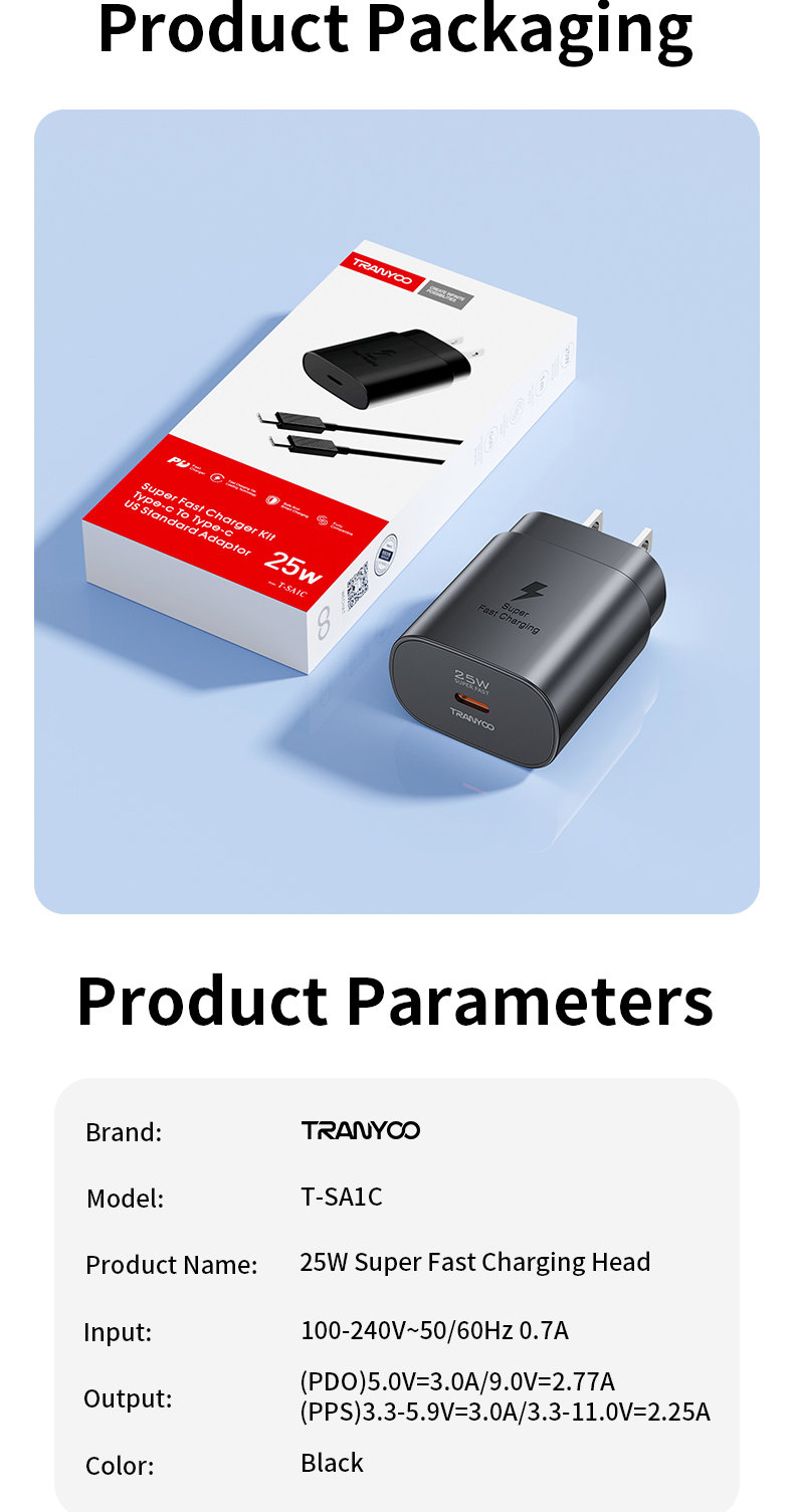 Tranyoo SA1C 25W Fast Charge set Dual Port Power Adapter Type-C to Type ...