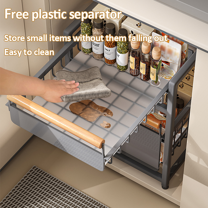 SimpleJoy Pull Out Basket Under Sink Kitchen Rack With Wooden Handle ...