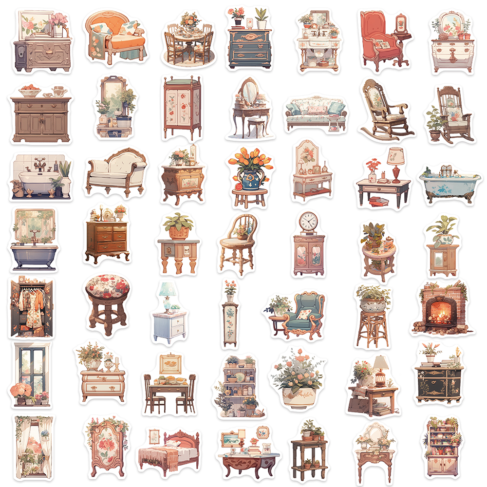 50PCS Vintage Furniture Stickers PVC Waterproof For Phone Laptop Water ...