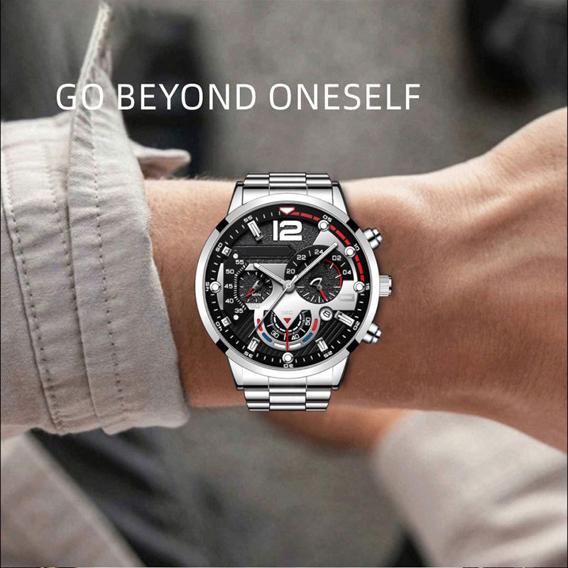 Classic Men Watches Stainless Steel Date Leather Strap Sport Quartz