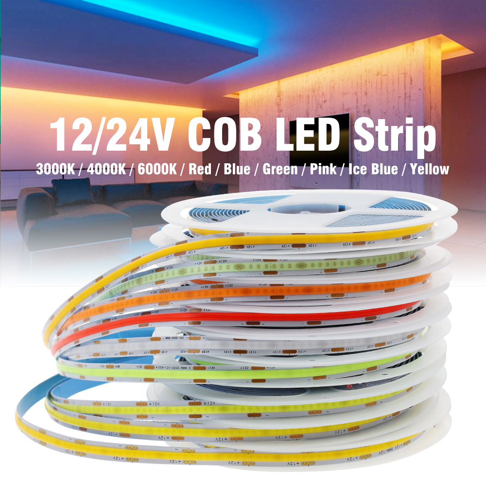 5M COB LED Strip DC12V 24V 320LED/m White / Warm White / Red / Blue ...