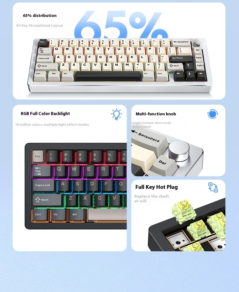 65 Key Game Mechanical Keyboard CNC Aluminum Alloy Three Mode RGB ...