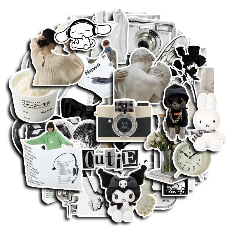 50pcs Black and White Aesthetic Stickers – Minimalist INS Style ...